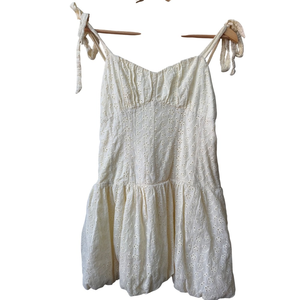 Nectar Butter Yellow Eyelet Lace Basque Waist Mini Dress Size L Bubble Hem Short - Picture 2 of 9